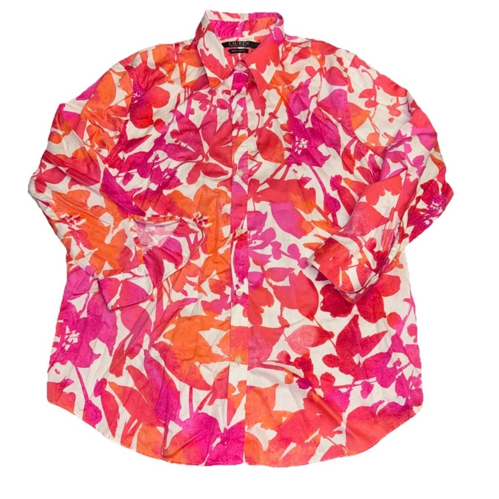 Lauren Ralph Lauren Non-Iron Floral Button-Up Shirt L 100% Cotton Pink/Orange